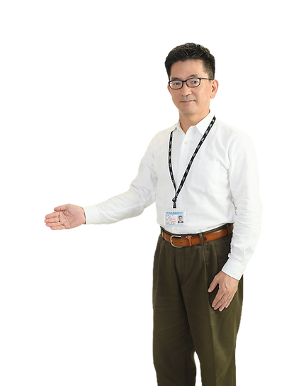 Ken Oka extends one hand, posing to guide the customer.