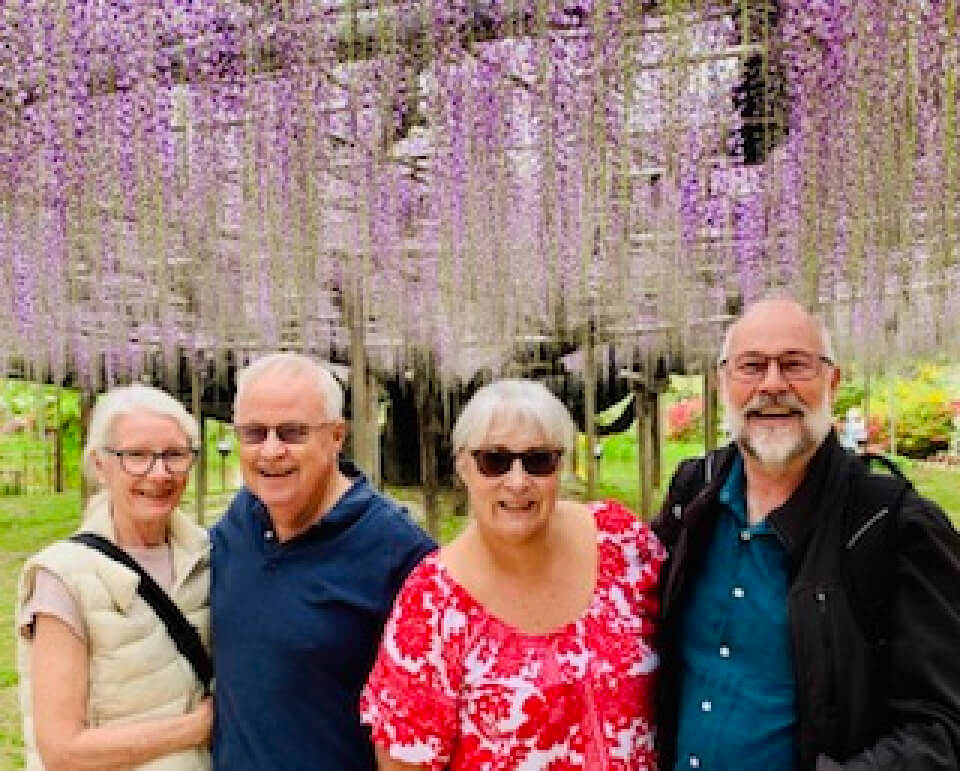 Four older adults smiling under a wisteria trellis.